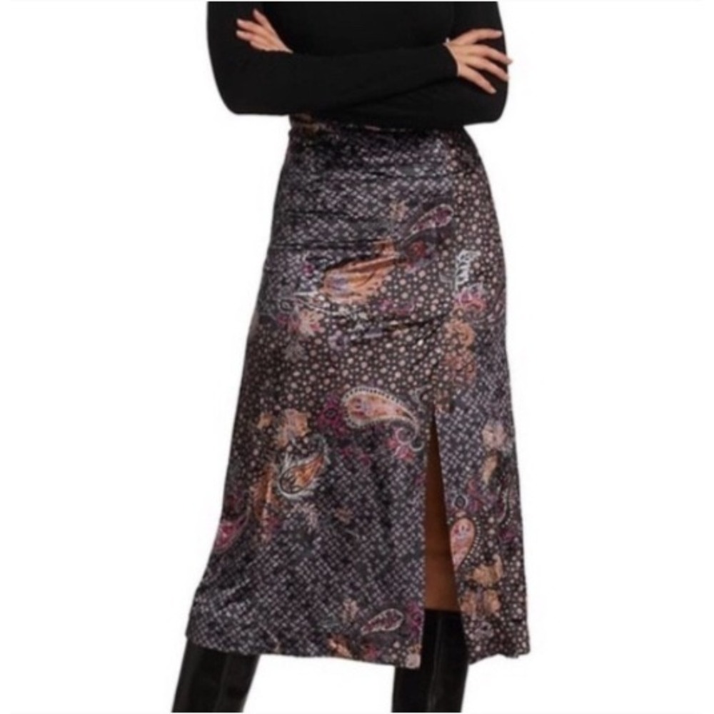 Free People Romano Velvet Midi Skirt Size Large Floral Slit